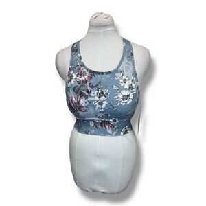 RBX Women’s High Neck Bra Cutout Back Removable Demi Cups Dusty Blue Floral S
